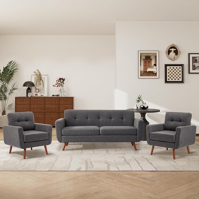 Tbfit Accent Chair Reading Chair for Living Room &amp Bedroom Mid Century Modern Arm Chair Button Tufted Upholstered Accent Chairs Sofa with Solid Wood Frame Grey | linen fabric button tufted s