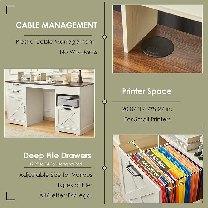 Executive Desk with File Storage Drawer 63 Lift Top Farmhouse Home Office Gaming Desk with Charging Station 3 Drawers Sensor Lights Wood Computer Table with Monitor Stand Antique White