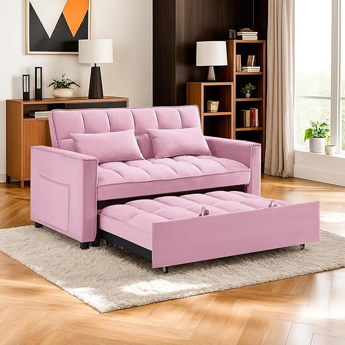 3 in 1 Convertible Sleeper Sofa BedFuton Couch with Pull-Out Bed &amp Adjustable BackrestVelvet Fabric Loveseat Sleeper with Side Pocket for Small Apartment Living Room Office (Pink) | Adjustable