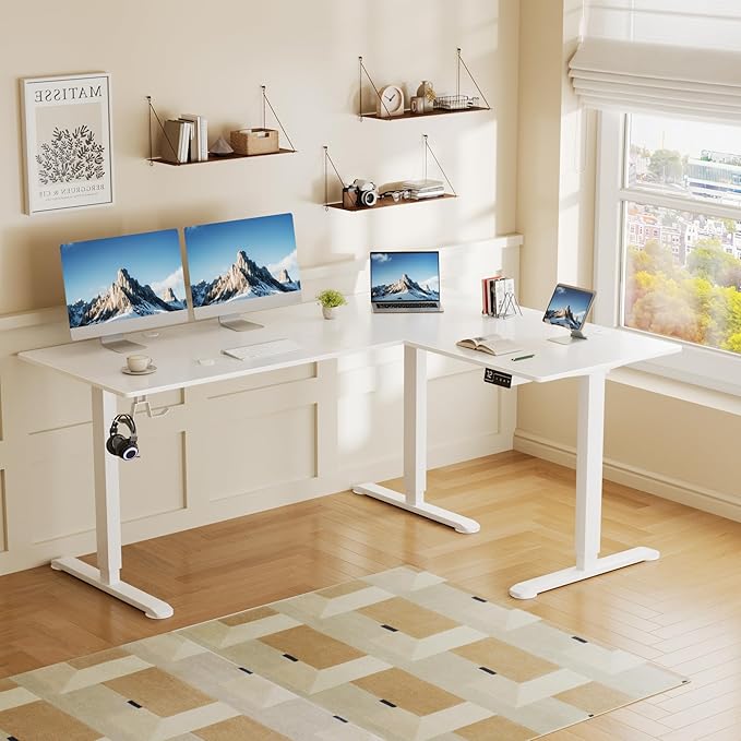Shahoo L-Shaped Corner Standing Desk Electric Height Adjustable Table Home Office Workstation 63 x 48 Inch White