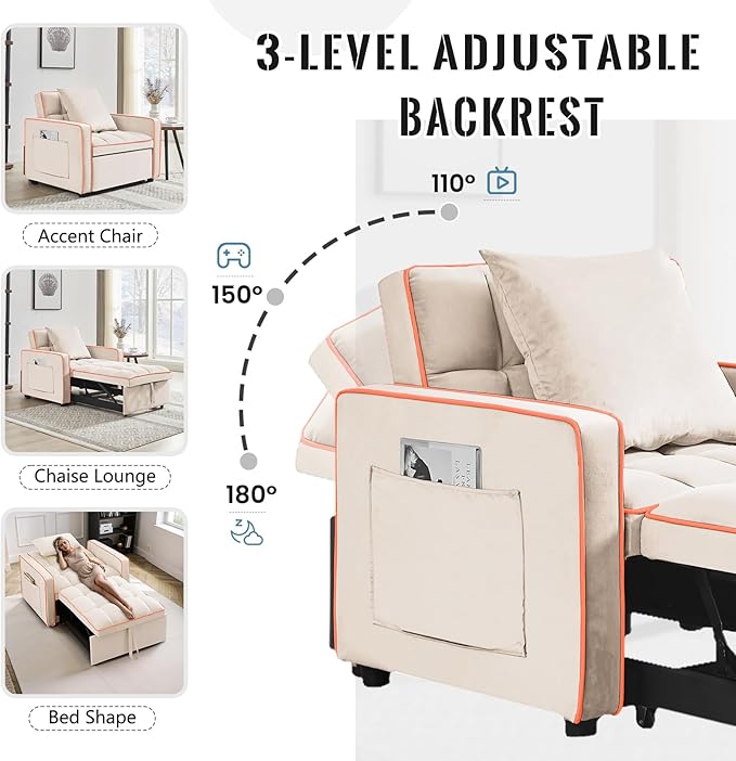 3 in 1 Velvet Sleeper Chair Pull Out Convertible Single Sofa Bed Futon Modern Tufted Chair Bed with Adjustable Backrest Pullout Sleeper Sofa Chair for Bedroom Living Room Indoor Lounge(Beige)