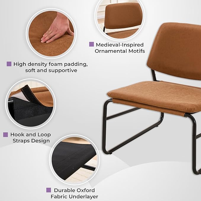 DAICO Modern Accent Chair Waterproof Armless Sling Accent Chairs Comfy Upholstered Side Sitting Chairs with Metal Frame for Living Room Bedroom Balcony Garden Faux Leather Camel