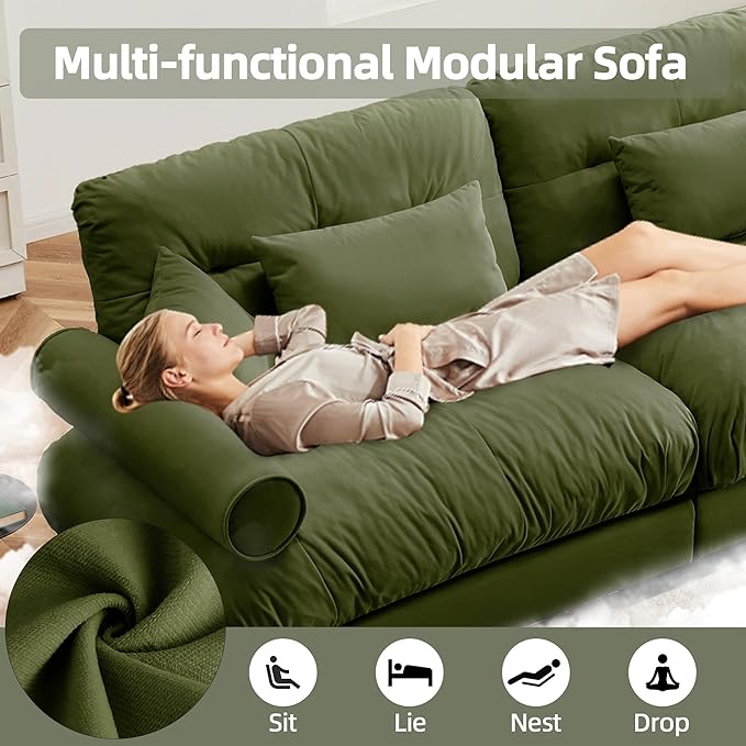 Loveseat Sofa 93.7 Modular Sectional Sofa 2 Seater Modern Cloud Couch Oversized Sectional Couches for Living Room Comfy Velvet Sofas Deep Seat Couch with 4 Pillows for Apartment Green