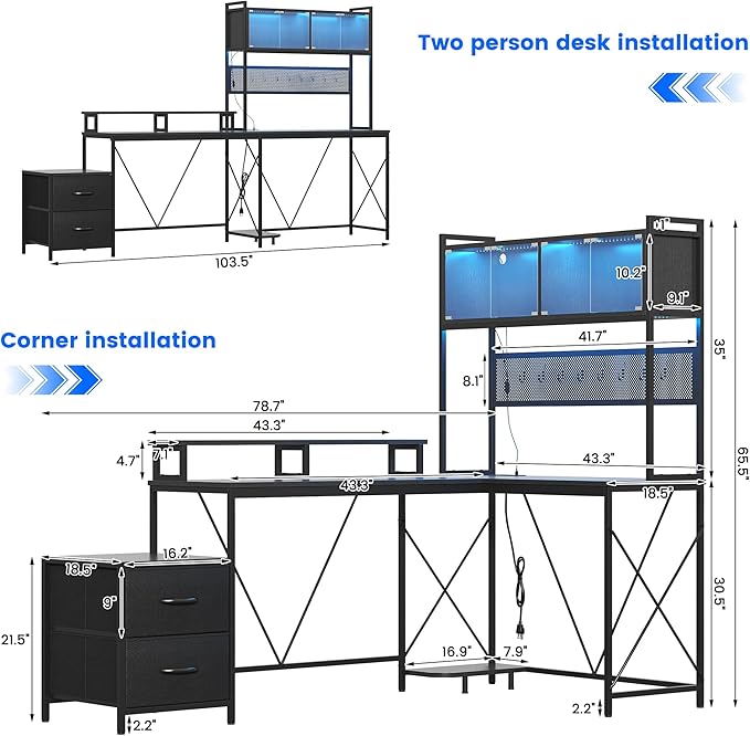 L Shaped Gaming Desk with DIY Pegboard Home Office Computer Desk with Raised Display Stand 2 Drawers and LED Glass Cabinets Corner Desk with Printer Desktop&ampPower Outlet Black