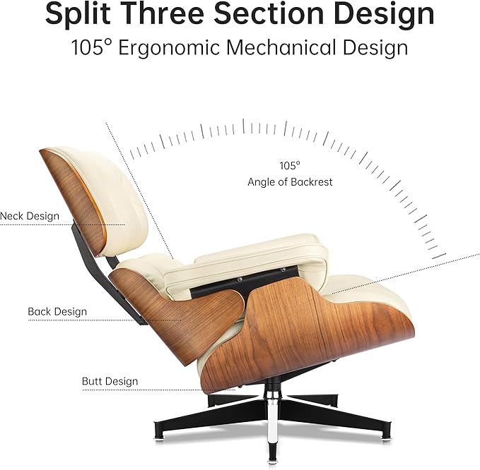 Top Cream White Grain Leather Mid Century Chaise Lounge Chair and Ottoman Modern Chair Classic Design Walnut Wood Heavy Duty Base Support for Living Room Office