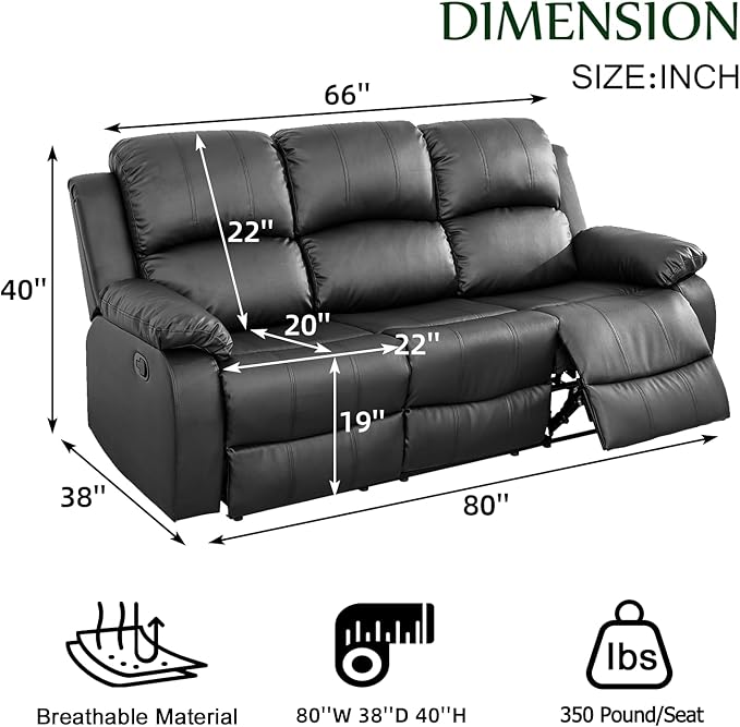 Leather Recliner SofaReclining Sofa for Living Room Furniture SetsBlack Wall Hugger Recliner Couch with Cupholder for Living Room/Office/Theater Seating(3 Seater Sofa)