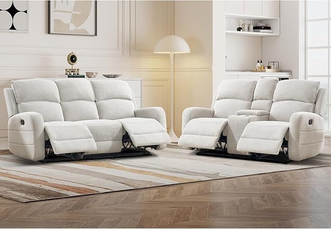 EBELLO Manual Living Room Furniture Reclining Couch Set Soft Fabric Recliner Loveseat and 3 Seat Sofa Couch for Meeting Room Overstuffed Backrest(Loveseat+Sofa)