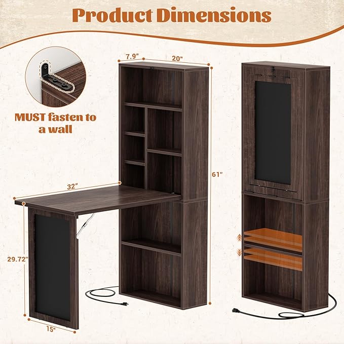 Armocity Small Folding Desk with Outlets Convertible Writing Desk for Small Spaces/Home Office/Craft Room Multi-Function Desk Workstation with Blackboard Fold-Out Cabinet Table Black Walnut