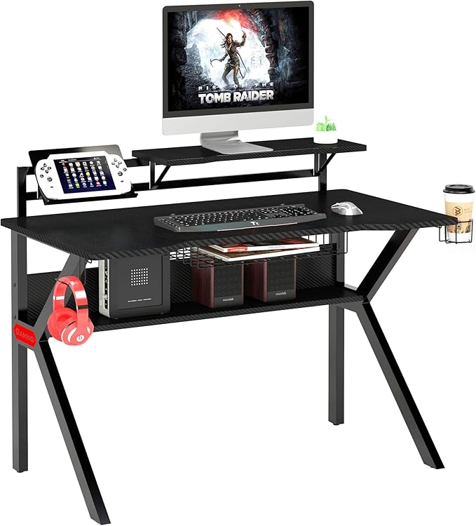 Anwick Ergonomic Computer Desk 47 inch Super Large Computer Writing Desk Gaming Sturdy Home Office Desk PVC Coated Ergonomic Metal Frame Gaming Desk with K Shape Legs Black