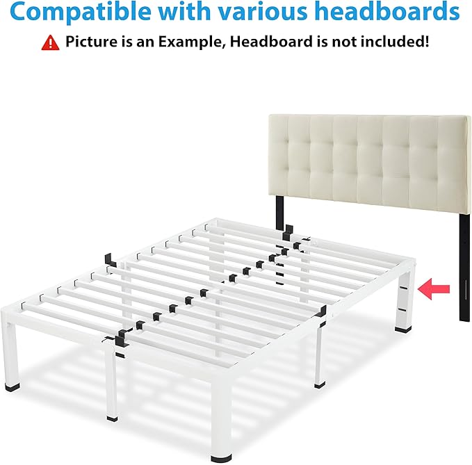 18 Inch King Size White Bed Frame 3500Lbs Heavy Duty Metal Platform with Round Corner Legs Mattress Slide Stopper Steel Slat Support No Box Spring Needed Noise Free Non-Slip Easy Assembly