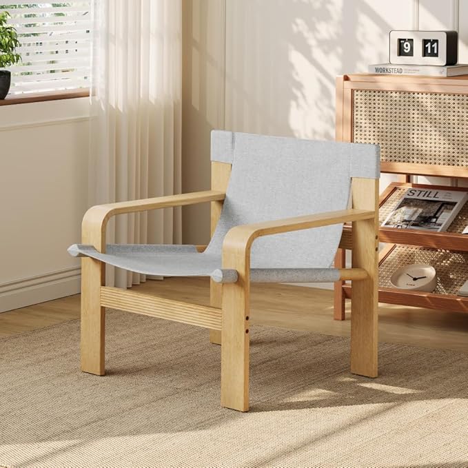Detachable and Washable Oak Accent Chair Wide Armrest Mid-Century Lounge Chair Linen Fabric Armchair &amp Solid Wood Frame for Living Room Bedroom Balcony (White) (Light Grey + Wood+Fabric + Oak)