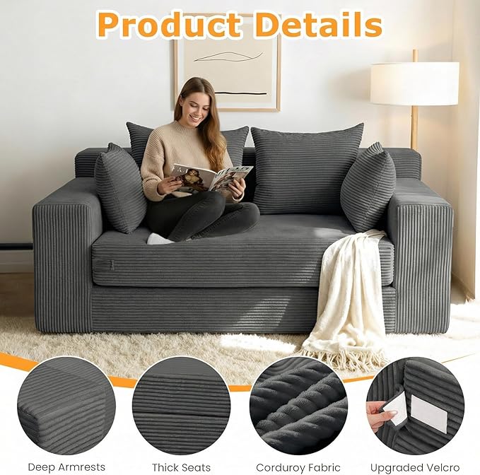 Winzon Boneless Loveseat 3 in 1 Convertible Sofa Bed Sleeper Sofa Floor Futon Bed with 4 Pillows 55 Grey Boneless Couch for Living Room Guest Room Small Space No Assembly Required Corduroy