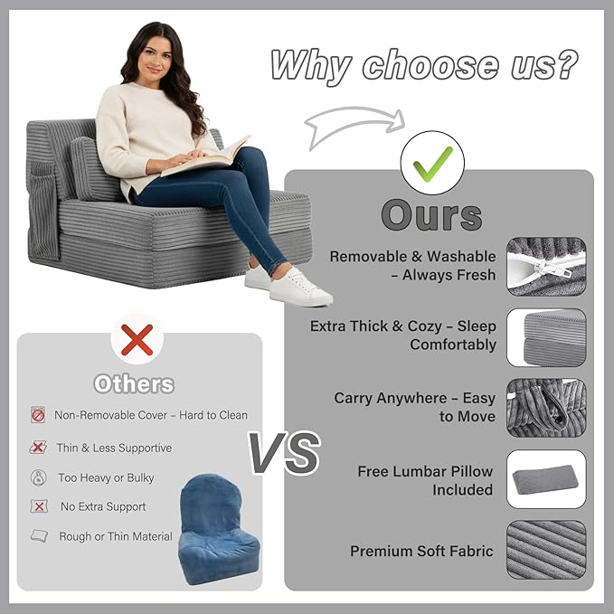 Tiita Folding Sofa Bed with Pillow Memory Foam Fold Out Chair Bed Single Size Convertible Chair Floor Couch &amp Sleeping Mattress Foldable Sleeper Sofa Bed for Guest Room Living Room Grey