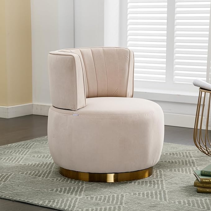 25.2 360 Degree Swivel Barrel SofaRound ArmchairsUpholstered Velvet Sofa ChairComfy Round Accent Sofa Chair for Living RoomBedroomOfficeWaiting RoomsBeige