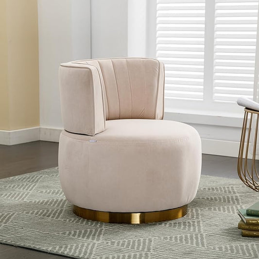 360° Swivel Barrel Accent Chair Beige Round Club Arm Chair with Metal Base Modern Single Sofa Seating Velvet Reading Seat in for Living Room Bedroom Office (Beige)