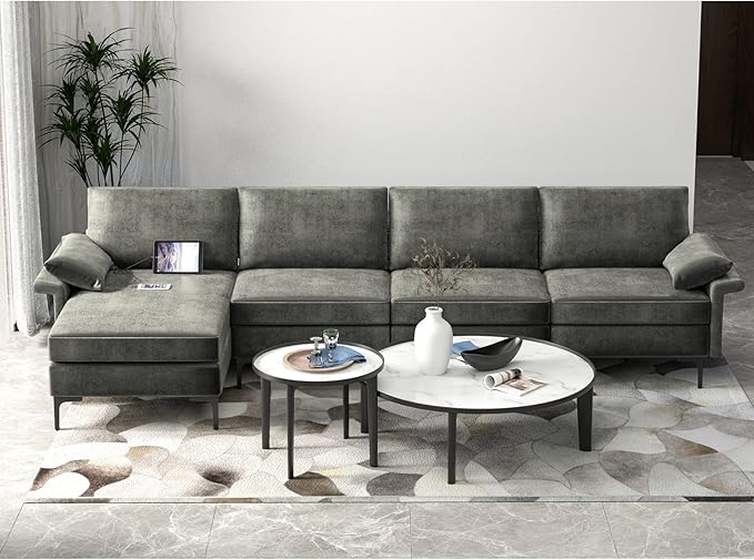 Giantex 130.5 L Convertible Sofa Couch Sectional Sleeper with 2 USB Ports Socket Comfy Cushion 2 Storage Box L-Shaped Modular Modern Sofa Reversible Chaise Lounge Living Room Furniture Grey