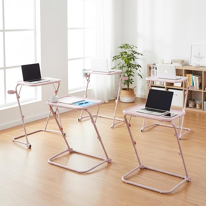 Homy Casa Adjustable Z Shaped Study Desk with Cup Holder Space Saving Portable Laptop Foldable Table for Home Office Living Room &amp Bedroom Sturdy Metal Frame &amp PP Top Black (4PCS-Pink)