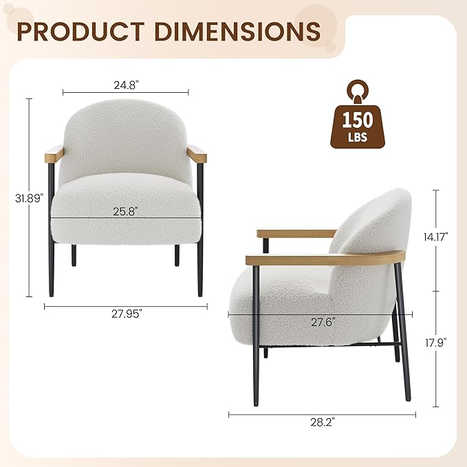 IDEALHOUSE Comfy Chair Set of 2 Modern Accent Chair with Teddy Fabric Wood Arms Metal Frame and Adjustable Feet Mid Century Modern Chair for Living RoomBedroom Office White