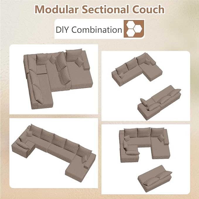 Cloud Modular Sectional Sofa for Living Room137x110 Oversized U-Shaped Couch with 9 PillowsBig Comfy Couches SetFluffy Deep-Seat Corduroy Sofa with ChaiseNo Assembly (CamelRight-Facing Chaise)