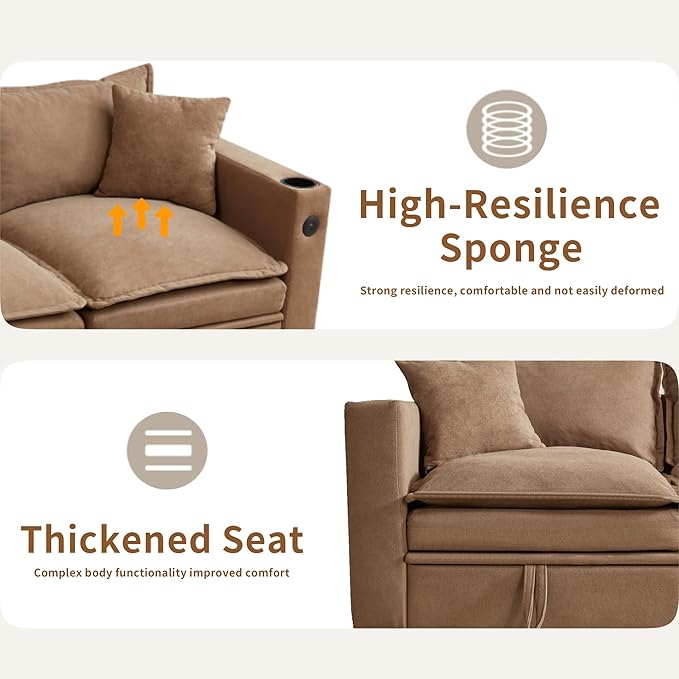 92 U-Shaped Sectional Couch for Living Room Cloud Modular Sofa with Large Storage Ottoman 5-Seat Fluffy Chenille Couch for Bedroom Brown