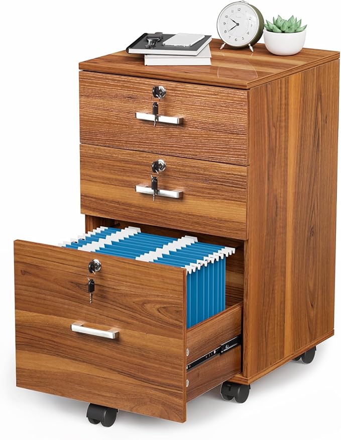 VINGLI 3-Drawer File Cabinet with Lock Wood Rolling Filing Cabinets for Home Office Mobile Printer Stand Under Desk File Organizer for Letter Sized Files 26 H(Caster Included) Walnut