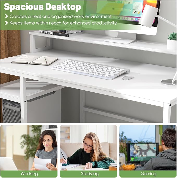 COSTWAY 66-inch Computer Desk with Power Outlet Office Desk with Monitor Stand Printer Shelf File Drawer CPU Stand Modern Home Office Desk Computer Workstation White
