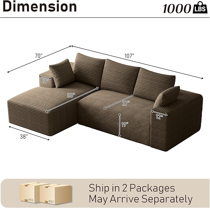 107 Boneless Couches for Living Room Comfy L Shaped Sectional Couches Modern Deep Seat Modular Sofa Cloud Fluffy Corduroy Couch with Left Facing Chaise No Assembly Needed Light Brown