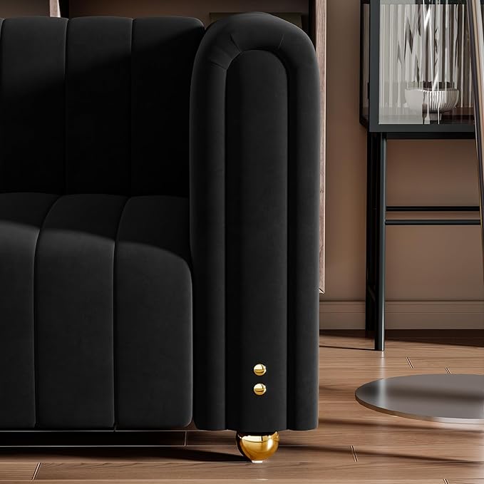 81.3'' Black Velvet Sofa Couch with Gold Metal Ball Legs Modern Mid Century Oversized 3-Seater Loveseat Comfy Couches for Living Room Office and Apartment