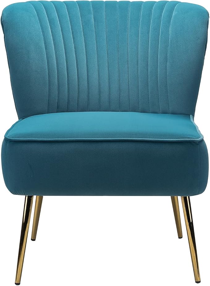 Tina's Home Velvet Armless Accent Chair Upholstered Modern Small Side Chair with Golden Legs Comfy Cute Wingback Slipper Chair for Living Room Study Beauty Room Thickly Padded(Blue)