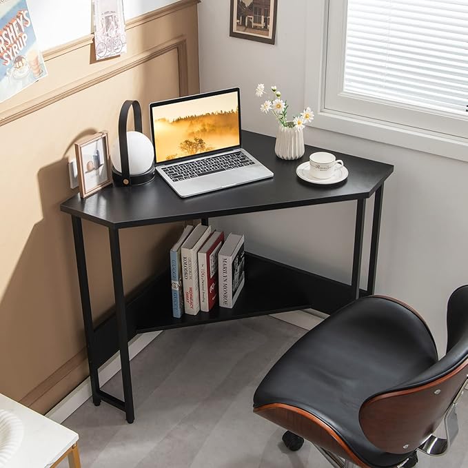 GOFLAME Corner Desk with Power Outlet Triangle Computer Desk for Small Space Space-Saving Writing Desk with Storage Shelf and Charging Station Modern Laptop PC Desk for Home Office Black