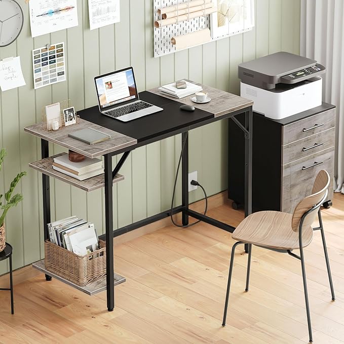 HOOBRO Computer Desk Home Office Desk with Power Outlet Writing Desk with 2 Shelves Modern Small Desk for Home Office Study Easy to Assemble Charcoal Gray and Black BG43UDN01