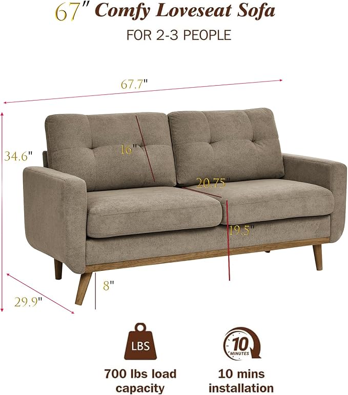 67 Velvet Loveseat Couch Modern Small Sofa with Walnut Wood Legs 2-Seater Fabric Upholstered Mini Sofa Couches for Small SpaceLiving Room Bedroom Office Dorm Apartment (Khaki)