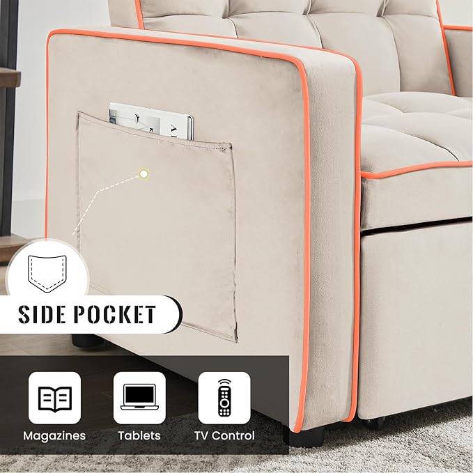 3 in 1 Velvet Sleeper Chair Pull Out Convertible Single Sofa Bed Futon Modern Tufted Chair Bed with Adjustable Backrest Pullout Sleeper Sofa Chair for Bedroom Living Room Indoor Lounge(Beige)