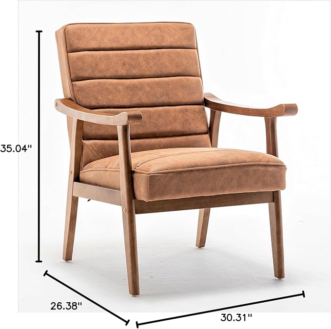 Unique Mid Century Modern Accent Chair with Open-Framed Armchair Design Plush Foam Cushioning and Leather-Look Microfiber Seat and Back Cushions Brown