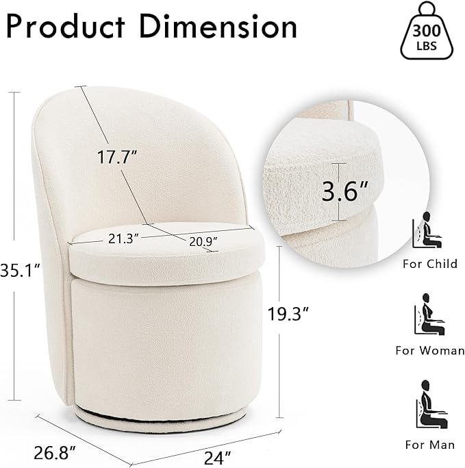 Rowill 360 Degree Swivel Vanity Chair with Back Modern Round Upholstered Accent Chairs Boucle Fabric for Living Room Reading Nook Makeup &amp Vanity Chair Easy Assembly White