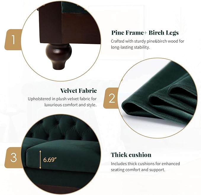 Merax Velvet Chesterfield Sofa Retro Style Upholstered 3 Seater Leather Couch Rolled Arm for Living Room Bedroom Office Dark Green