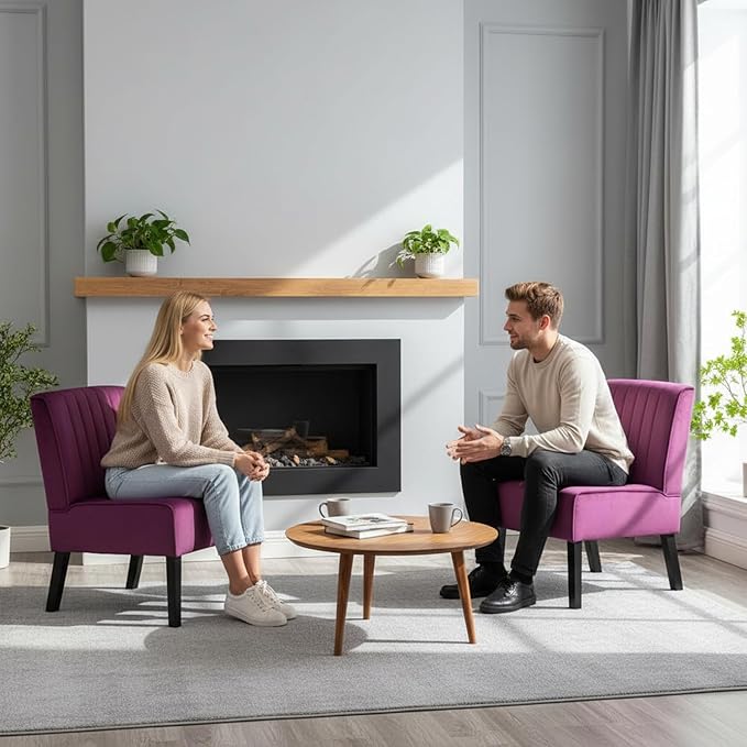 Reese Mid Century Modern Accent Chairs Set of 2 with Minimalist Design Elegant Velvet Upholstery and Solid Wood Legs Ideal for Living Room or Bedroom Eggplant
