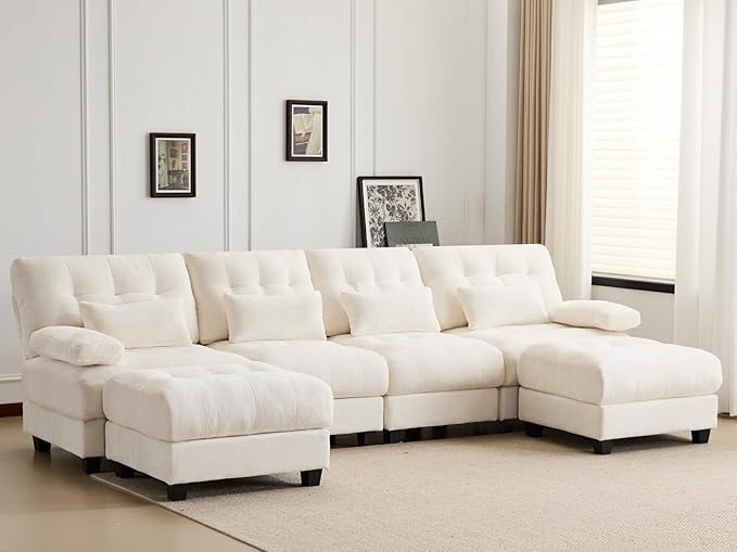 KEIKI 119 4 Seater Chenille Modular Sectional Couches with 4-Position Adjustable Backrest 2 Ottoman &amp 4 Throw Pillows Comfy Couch Sofa for Living Room Apartment Indoor 350lb/Seat
