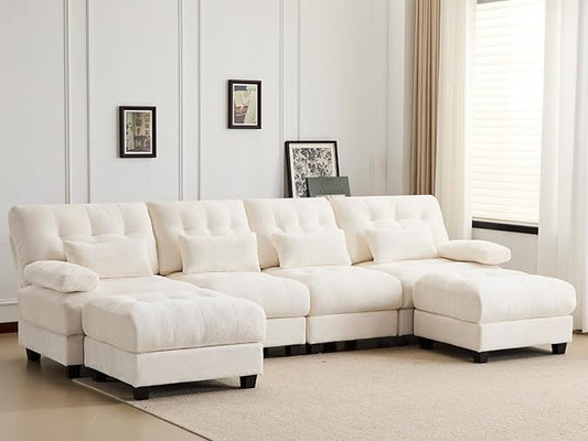 KEIKI 119 4 Seater Chenille Modular Sectional Couches with 4-Position Adjustable Backrest 2 Ottoman &amp 4 Throw Pillows Comfy Couch Sofa for Living Room Apartment Indoor 350lb/Seat
