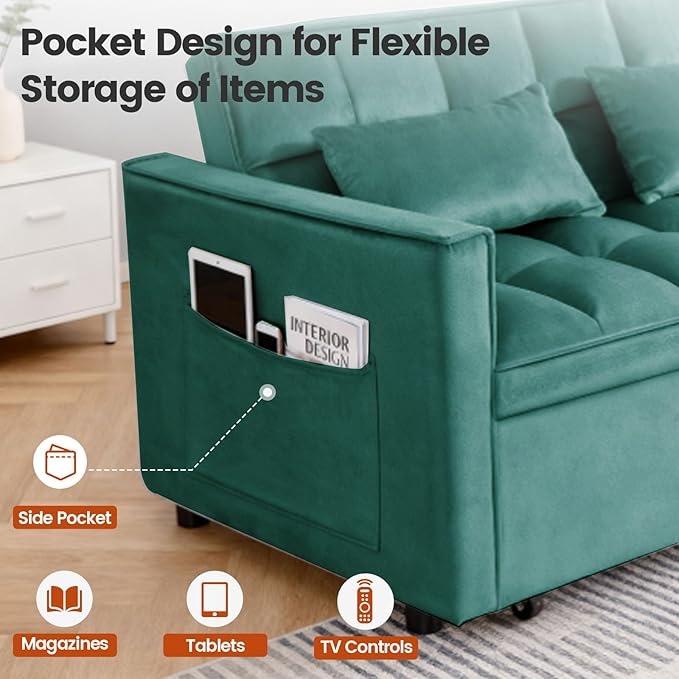 Convertible Sofa Bed Pull Out Couch with Side Pockets 3 in 1 Velvet Fabric Loveseat Sleeper Sofa Bed Pull Out Couch with Adjustable Backrest for Living Room Bedroom Apartment Green