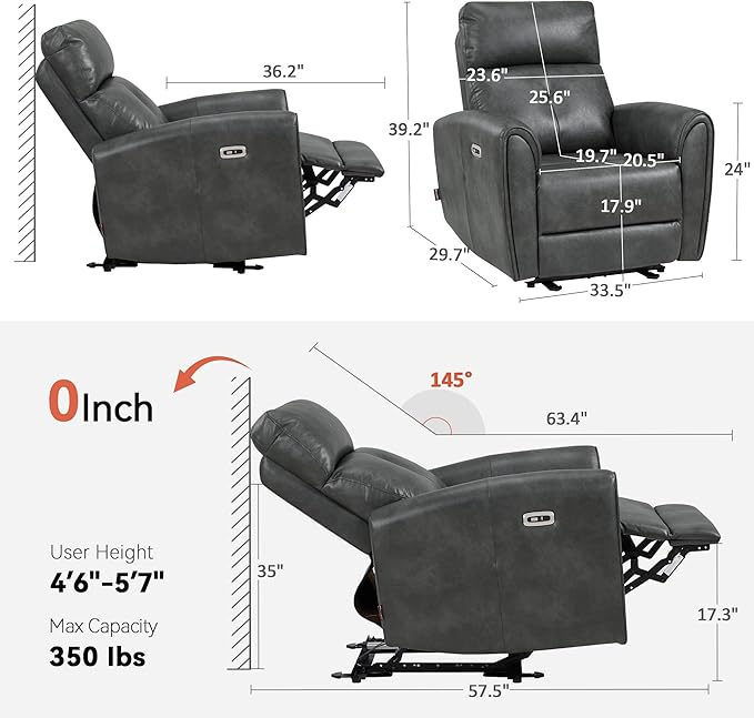 MCombo Power Small Recliners for Small Spaces Living Room RVs Modern Style Zero Wall Hugger Recliners Chair with Lumbar Support USB&ampCharging Ports FSC Certified Faux Leather PR699 (Dark Grey