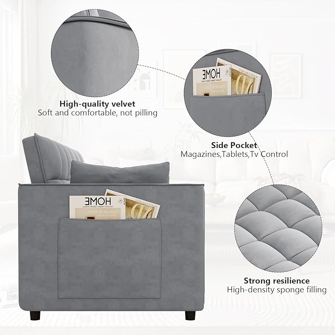 Hison Convertible Sleeper Sofa Bed 3 in 1 Pull Out Couch Bed with Adjustable Backrest Sectional Small Couches for Small Spaces Loveseat for Apartment Living Room (Gray Velvet)