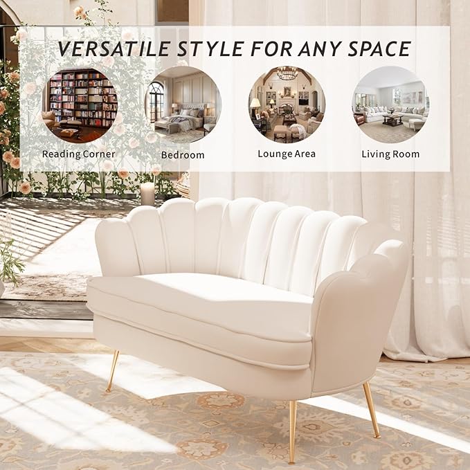 59'' Loveseat Sofa Modern Chenille 2-Seater Sofa with Golden Legs Comfy Upholstered Shell Accent Couch for Studio Living Room Store Office (Beige).