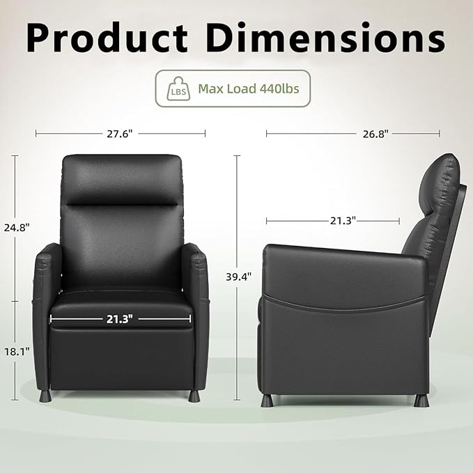 Black Power Recliner Chairs for Adults Lash Chair &amp Lay Flat Recliner for Small Spaces Living Room Bedroom Offices Theater Adjustable Footrest &amp Backrest/Side Pockets/USB (Black)