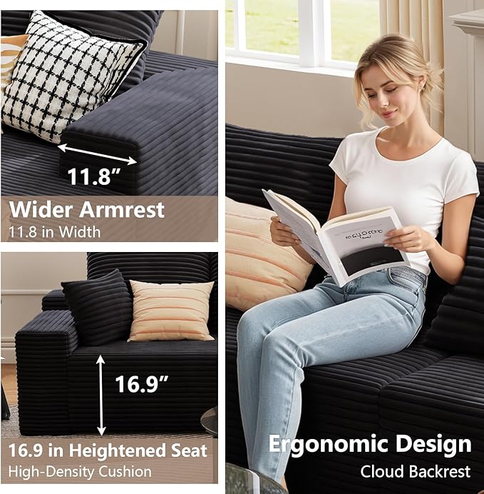135.4 Cloud Sectional Couch with L-Shape Chaise Modern Corduroy Boneless Deep Seat Sofa 4-Seater Modular Sleeper Couch for Living Room Bedroom Apartment No Assembly (Black Left-Facing Chaise)