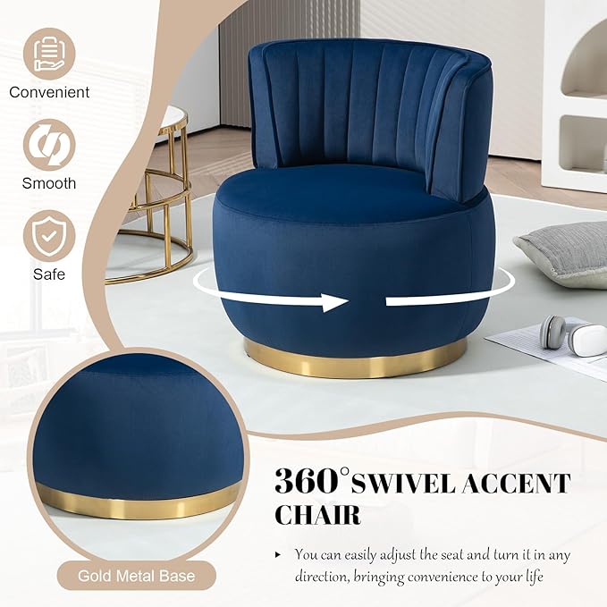 360 Degree Swivel Accent Chair Comfy Round Swivel Barrel Chair with Mental Base Upholstered Cozy Reading Armchairs Modern Lounge Sofa Chairs for Living Room Bedroom Club Office(Velvet Navy)