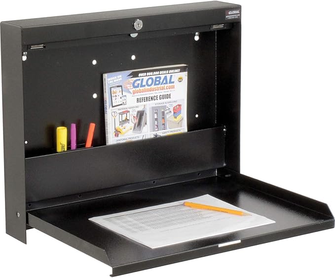 Global Industrial Folding Wall Mounted Shop Desk Locking 20 W x 3-3/8D x 16-3/8H Black