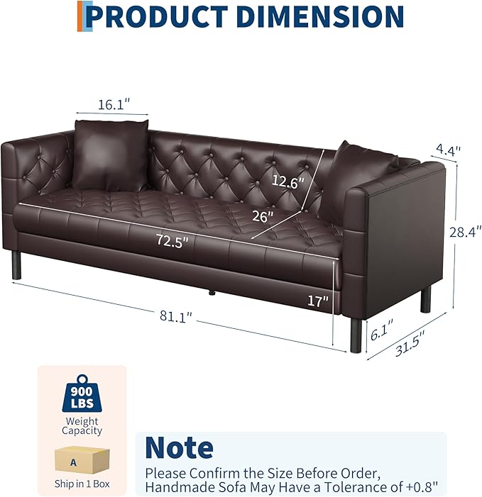 81 Button-Tufted Leather Sofa Mid-Century Modern Chesterfield 3 Seater with Deep Seat and 2 Pillows Ideal Leather Couch for Living Room Apartment and Office Use (Brown)