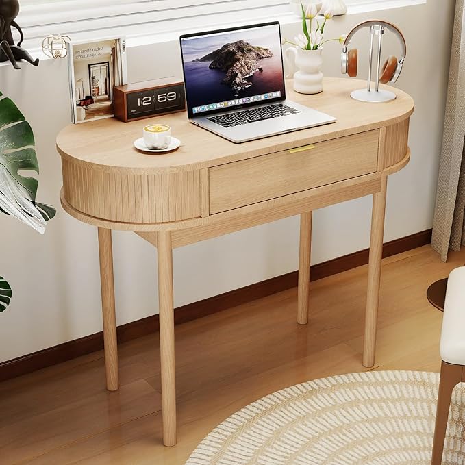 SoarFlash 39 Inch Small Computer Desk with Drawer Mid-Century Modern Writing Desk with Solid Wood Legs - Compact Home Office Desk &amp Makeup Vanity for Small Space Bedroom Study Table in Oak