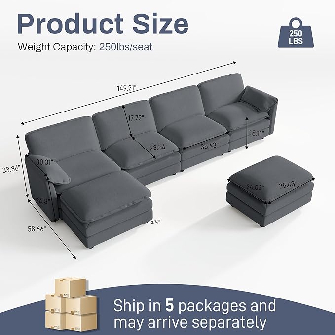 Cloud Couch Modular Sectional Sofa 150 Oversized U Shape Comfy Sectional Couches for Living Room 4 Seater Modern Chenille Deep Seat Cloud Sofa with 2 Ottoman and Memory Foam Grey